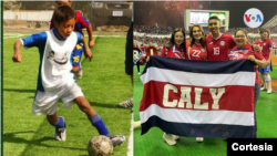 Carlos Martínez jugando futbol de pequeño (a la izquierda) y a la derecha junto a su familia tras concluir un partido en el estadio de San José, Costa Rica. Foto Cortesía.