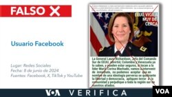 Es falsa esta publicación que circula en redes sociales que indica que la Jefa del Comando Sur dijo que si "tocan" a María Corina Machado intervendrán en Venezuela. Diseño: Mila Cruz.