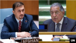 از راست به چپ،منیر اکرم، سفیر پاکستان در ملل متحد و نصیر احمد فایق، سرپرست نمایندگی افغانستان در ملل متحد