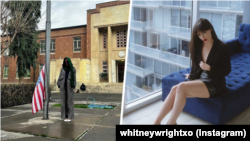 ویتنی رایت، بازیگر آمریکایی فیلم‌های بزرگسالان، در دو نما. تصویر سمت چپ ویتنی رایت را در محوطه سفارت سابق آمریکا در تهران و در کنار پرچم پایین کشیده شده آمریکا نشان می‌دهد.