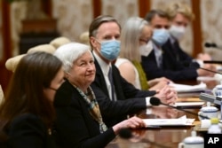 U.S. Treasury Secretary Janet Yellen, center, speaks during her meeting with China's Vice Premier He Lifeng at the Diaoyutai State Guesthouse in Beijing, July 8, 2023.
