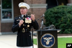 Acting Commandant of the U.S. Marine Corps Gen. Eric Smith speaks at the Marine Barracks in Washington, July 10, 2023.