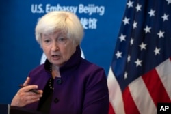 Treasury Secretary Janet Yellen speaks during a press conference at the US Embassy in Beijing, July 9, 2023.