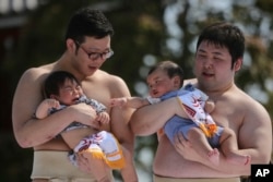 FILE - Held by college sumo wrestlers, a couple of babies compete during Crying Baby Contest at Sensoji Buddhist temple in Tokyo, on April 26, 2014. The number of babies born in Japan last year fell for an eighth straight year to a new low. (AP Photo/Eugene Hoshiko, File)