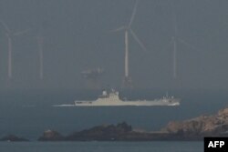 A Chinese landing ship sails towards the zone where China said it would conduct live fire exercises northeast of Pingtan island, the closest point in China to Taiwan, in China's southeast Fujian province on April 10, 2023.