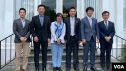 “台美國會議員聯誼會”代表團在華盛頓雙橡園合照，左起何志偉、江啟臣、劉世芳、陳以信、蔡適應及鄭正鈐。(2023年7月14日，美國之音鍾辰芳拍攝）