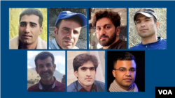 مجاهد کورکور (بالا، راست)، رضا رسایی، فاضل بهرامیان، مهران بهرامیان، محمدجواد وفایی ثانی، منصور دهمرده، عباس دریس، معترضان در خطر اعدام