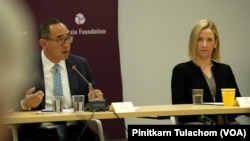 Thai ambassador to the US Tanee Saengrat (left) and Melissa Brown, Deputy Assistant Secretary for Southeast Asia at the State Department (right), discuss during a seminar "US - Thailand relations at 190 Years: Past, Present, Future" organized by the Asia Foundation and the Royal Thai Embassy on March 20, 2023