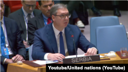 Predsednik Srbije Aleksandar Vučić tokom obraćanja na sednici Saveta bezbednosti UN o Kosovu (Foto: Youtube/United nations)