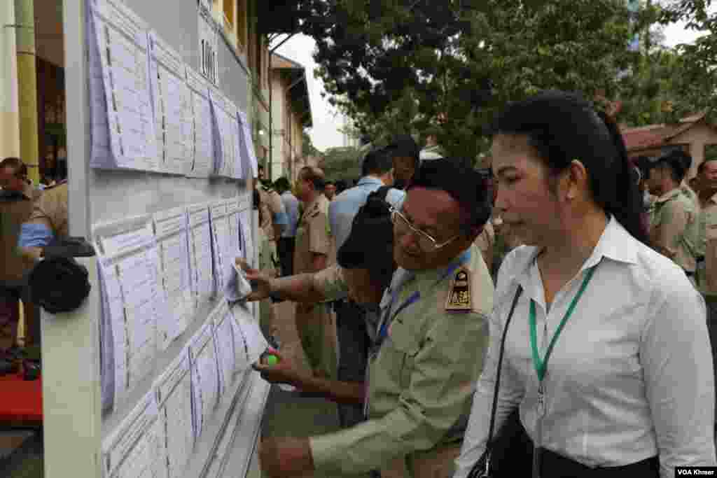 អង្គ​បោះឆ្នោត​ដែល​ជា​ក្រុម​ប្រឹក្សា​ឃុំ​សង្កាត់​កំពុង​ត្រួត​ពិនិត្យ​ឈ្មោះ​របស់​ពួកគេ​នៅ​មណ្ឌល​បោះ​ឆ្នោត​ព្រឹទ្ធសភា​ក្នុង​វិទ្យាល័យ​ព្រះស៊ីសុវត្ថិ ក្នុង​រាជធានី​ភ្នំពេញ នា​ថ្ងៃទី​២៥ ខែ​កុម្ភៈ ឆ្នាំ​២០២៤។ (ស៊ុន ណារិន/វីអូអេ)