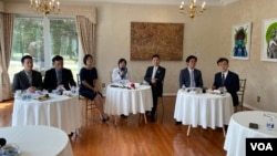 “台美國會議員聯誼會”代表團在華盛頓雙橡園舉行記者會。(2023年7月14日，美國之音鍾辰芳拍攝）