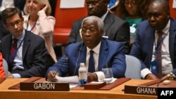 Le Premier ministre gabonais Raymond Ndong Sima lors d'une réunion du Conseil de sécurité de l'ONU sur la situation en Ukraine, le 20 septembre 2023.