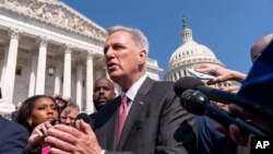 House Speaker Kevin McCarthy, of Calif. speaks to reporters about the debt limit negotiations, on Capitol Hill in Washington, May 25, 2023.