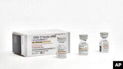 This photo provided by Pfizer in September 2023 shows single-dose vials of the company's updated COVID vaccine for adults. U.S. regulators have approved updated COVID-19 vaccines from Pfizer and Moderna, shots. (Pfizer via AP)