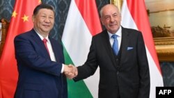 匈牙利總統舒尤克（Tamas Sulyok ）在布達佩斯總統府與造訪的中國國家主席習近平握手。 （2024年5月9日）