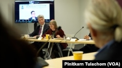 Catherin Dalpino (center), Professor Emeritus at Georgetown University, speaks during a seminar "US - Thailand relations at 190 Years: Past, Present, Future" organized by the Asia Foundation and the Royal Thai Embassy on March 20, 2023