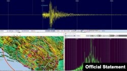 Kombinacija geografske karte sa označenim epicentrom i prikaza očitavanja sa seizmoloških uređaja, koje je objavio crnogorski Zavod za seizmologiju, u vezi sa zemljotresom koji je pogodio Crnu Goru rano izjutra 14. marta 2024.
