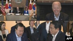 美國總統拜登、南韓總統尹錫悅和日本首相岸田文雄在拜登總統主持的、8月18日結束的三國戴維營峰會上。（法新社AFP照片）