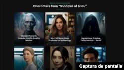 Exposición de los personajes de 'Shadows of Eridu' ('Sombras de Erdidu'), una historia de ficción del autor cubano Rigoberto García, que permite a los lectores interactuar por medio de la inteligencia artificial con los personajes. [Captura de pantalla, cortesía del autor].