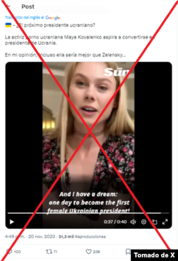 Captura de pantalla en X del 20 de diciembre de 2023 en donde se asegura que la actriz porno aspira a convertirse en presidenta de Ucrania, lo cual es falso.