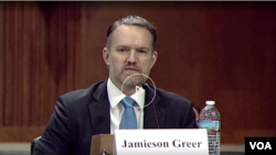 資料照片:國際貿易律師、前美國貿易代表萊特希澤的辦公室主任格里爾2024年5月23日在美中經濟與安全審查委員會的聽證會上就美中貿易關係作證。