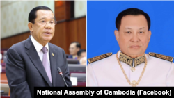 រូបផ្គុំពី​បណ្តាញសង្គម​របស់​រដ្ឋសភាជាតិ​កម្ពុជា​បង្ហាញអតីតនាយករដ្ឋមន្ត្រីកម្ពុជាលោក ហ៊ុន សែន និងប្រធានព្រឹទ្ធសភាអាណត្តិទី៤ លោក សាយ ឈុំ។ (Facebook / National Assembly of Cambodia)
