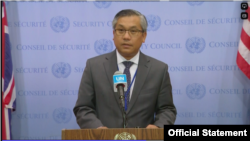 ကုလသမဂ္ဂလုံခြုံရေးကောင်စီ မြန်မာ့အရေး တံခါးပိတ်ဆွေးနွေးပွဲ တက်ရောက်နေတဲ့ ကုလသမဂ္ဂဆိုင်ရာ မြန်မာအမြဲတမ်းကိုယ်စားလှယ် သံအမတ်ကြီး ဦးကျော်မိုးထွန်း (သြဂုတ်လ ၂၄၊ ၂၀၂၃/ ဓာတ်ပုံ UNSC video screenshot)