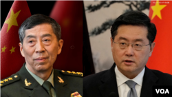 中国官媒报道，中国国防部长李尚福(左)被免除职务，前外交部长秦刚（右）的国务委员职务也被免除。（2023年10月24日）
