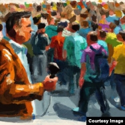 នេះ​ជា​រូបតំណាងប្រឌិត​បង្កើត​ឡើង​ដោយ​បច្ចេកវិទ្យា​ AI អំពី​អ្នក​យក​ព័ត៌មាន​វិអូអេ​លោក ​Craig McCulloch យក​ព័ត៌មាន​នៅ​សន្និសីទ TED។ លោក Craig ពិត​ប្រាកដ​មាន​សក់​តិច​ជាង​នេះ ប៉ុន្តែលោក​មាន​សម្លៀកបំពាក់​ទាន់​សម័យ។