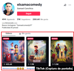 Captura de pantalla del perfil del usuario de TikTok creador de animaciones relacionadas con la migración venezolana.