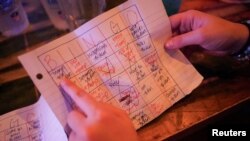 Ručno napravljen bingo listić jednog od gostiju paba na Kapitol Hilu u Vašingtonu gde se gledao prenos debate (Foto: EUTERS/Nathan Howard)