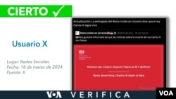 Un usuario de X dijo que la embajada de Reino Unido en Ucrania aclaró que el rey Carlos III sigue vivo en medio de la desinformación.