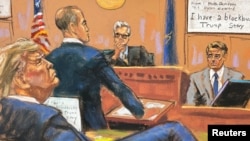 Një skicë nga seanca gjatë së cilës avokati i zonjës Daniels i përgjigjet pyetjeve të acokatit të ish-presidentit Donald Trump (Nju Jork, 2 maj 2024)