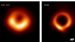 This combination of images provided by researcher Lia Medeiros shows images of the M87 black hole released in 2019, left, and an updated one for 2023. (Lia Medeiros via AP)