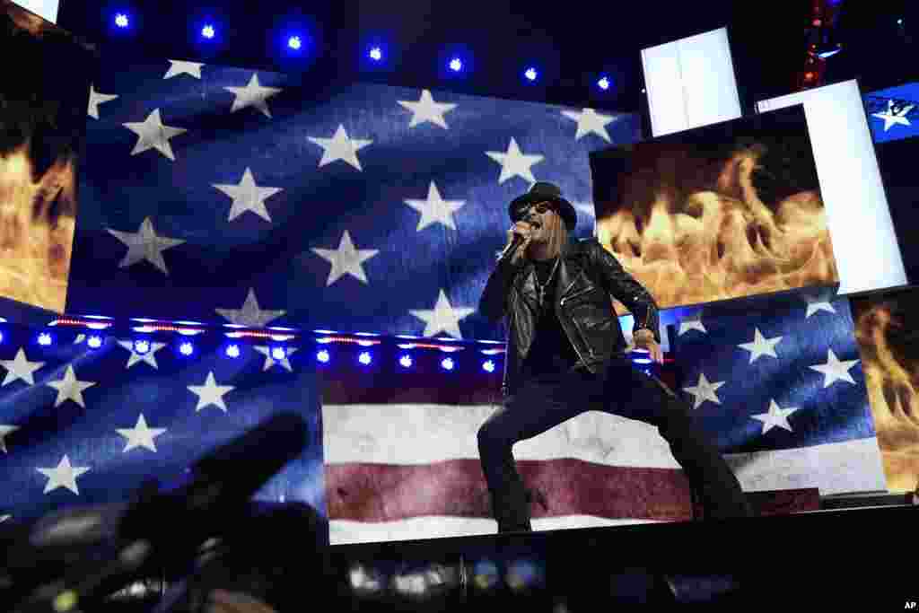 Kid Rock performs during the 2024 Republican National Convention at the Fiserv Forum, July 18, 2024, in Milwaukee. 