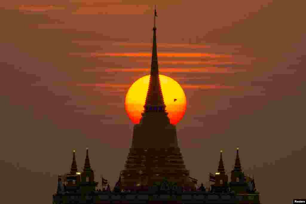 19 Mart 2023 - Tayland'da Bangkok'taki Wat Saket Tapınağı çevresinde yakalanan günbatımı görüntüsü.