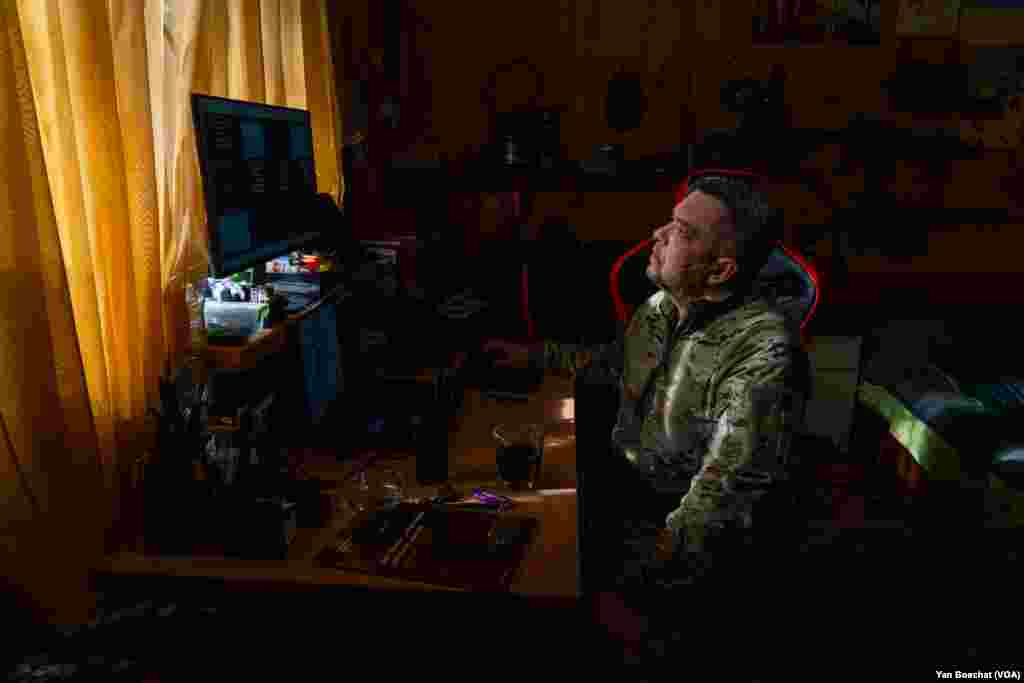 A Ukrainian drone squad commander observes his different teams working on the front lines of Donbas. The use of kamikaze drones has become very common in this war, both by Russians and Ukrainians, in Lyman, March 3, 2024.