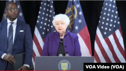 美國財政部長耶倫在亞特蘭大宣佈為應對鴉片類藥物危機而採取行動的記者會上。 （2024年6月20日）