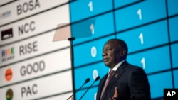 Rais wa Afrika Kusini Cyril Ramaphosa akizungumza wakati wa kutangaza matokeo ya uchaguzi mkuu mjini Johannesburg, Afrika Kusini, Juni 2, 2024. 