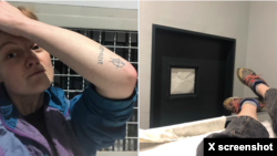 Ruska novinarka Nataša Tiškevič u delu za deportaciju na aerodromu Nikola Tesla. (Foto: @Tysh0000)