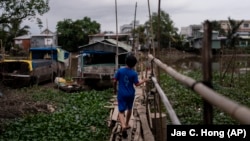 Do Hoang Trung walks along a bamboo bridge to reach a houseboat he shares with his twin sister and grandmother in Vietnam, Jan. 16, 2024. (AP Photo/Jae C. Hong)