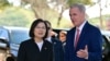 US Speaker of the House Kevin McCarthy (R-CA) speaks with Taiwan President Tsai Ing-wen while arriving for a bipartisan meeting at the Ronald Reagan Presidential Library in Simi Valley, California, Apr. 5, 2023. 