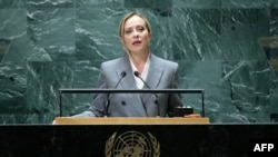 La Première ministre italienne Giorgia Meloni à la 78e Assemblée générale des Nations Unies au siège de l'ONU, le 20 septembre 2023.