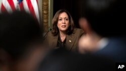 Потпретседателката на САД Камала Харис зборува за време на состанок во комплекс на Белата куќа во Вашингтон, 27 февруари 2024 година