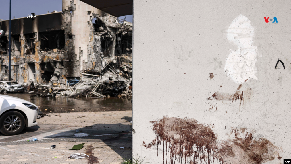 Manchas de sangre se ven sobre una pared en una comisaría de policía israelí, en Sederot, durante las batallas que se produjeron para desalojar a los militantes de Hamás que estaban estacionados en el interior, el 8 de octubre de 2023.&nbsp;