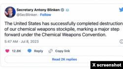 Пост Ентоні Блінкена про знищення запасів хімічної зброї, Твіттер
