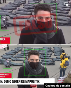 Comparación entre un fotograma del clip viral (arriba) y otro extraído del reporte realizado por OE24 (abajo).