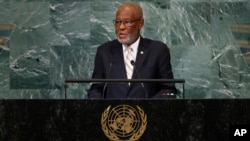 FILE - Haiti's Foreign Minister Jean Victor Geneus addresses the 77th session of the United Nations General Assembly, at U.N. headquarters, Sept. 24, 2022.