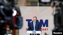 資料照：英國議會下議院外交事務委員會主席湯姆·圖根哈特（董勤達）在參加保守黨領導人競選。 （2022年7月12日）