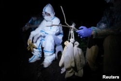 A researcher from the Institut Pasteur du Cambodge holds cloth bags containing bats captured at Chhngauk Hill in Thala Borivat District, Steung Treng Province, Cambodia, August 30, 2021. Picture taken August 30, 2021. (REUTERS/Cindy Liu)